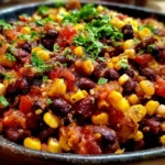 Fast Black Bean and Corn Skillet in a dark serving dish with colorful vegetables