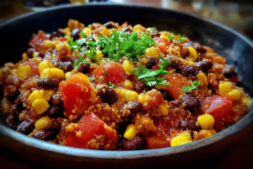 Fast Black Bean and Corn Skillet with diced tomatoes, corn, and herbs in a rustic black bowl