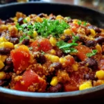 Fast Black Bean and Corn Skillet with diced tomatoes, corn, and herbs in a rustic black bowl