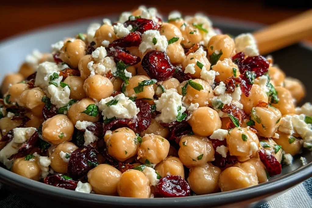 Feta and Cranberry Chickpeas served in a bowl with feta cheese and cranberries