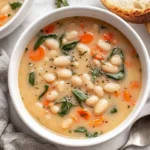Greek White Bean Soup with crusty bread and lemon on the side