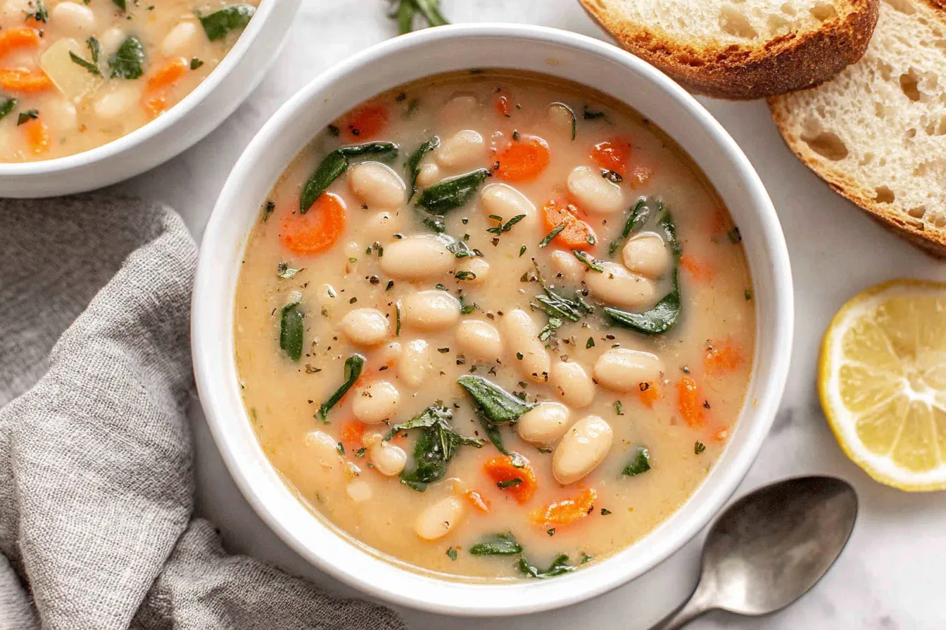 Greek White Bean Soup with crusty bread and lemon on the side