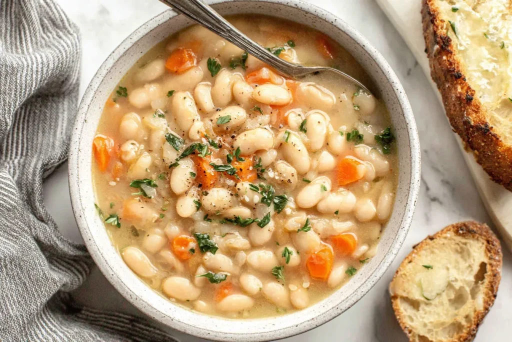 Greek White Bean Soup served warm with carrots, herbs, and olive oil in a rustic bowl