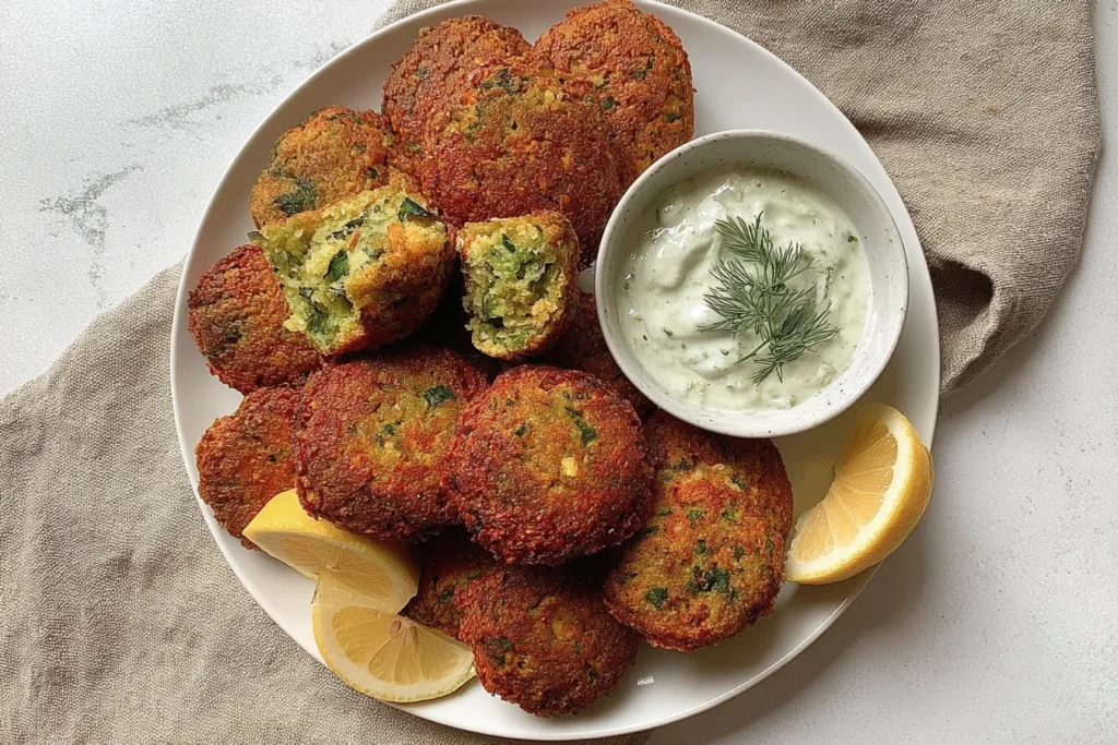 Homemade Falafel patties cut open showing tender green interior with herbs