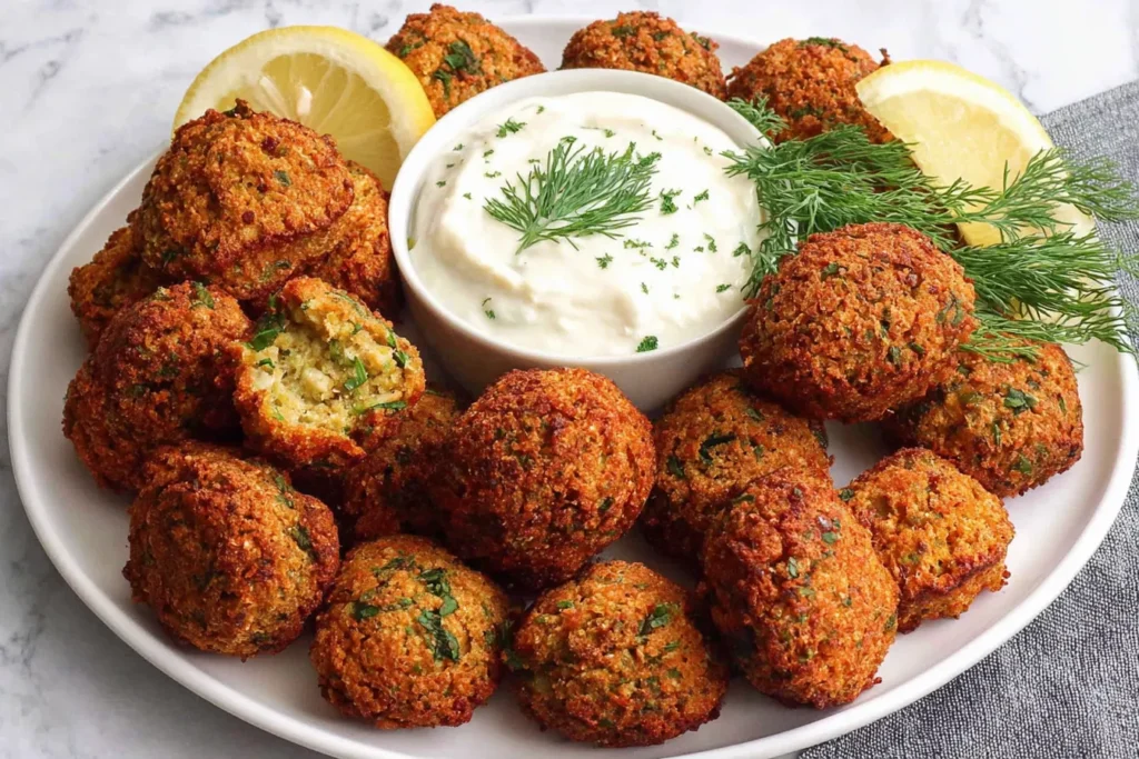 Homemade Falafel balls served crispy with creamy dipping sauce and lemon wedges