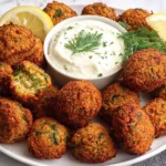 Homemade Falafel balls served crispy with creamy dipping sauce and lemon wedges