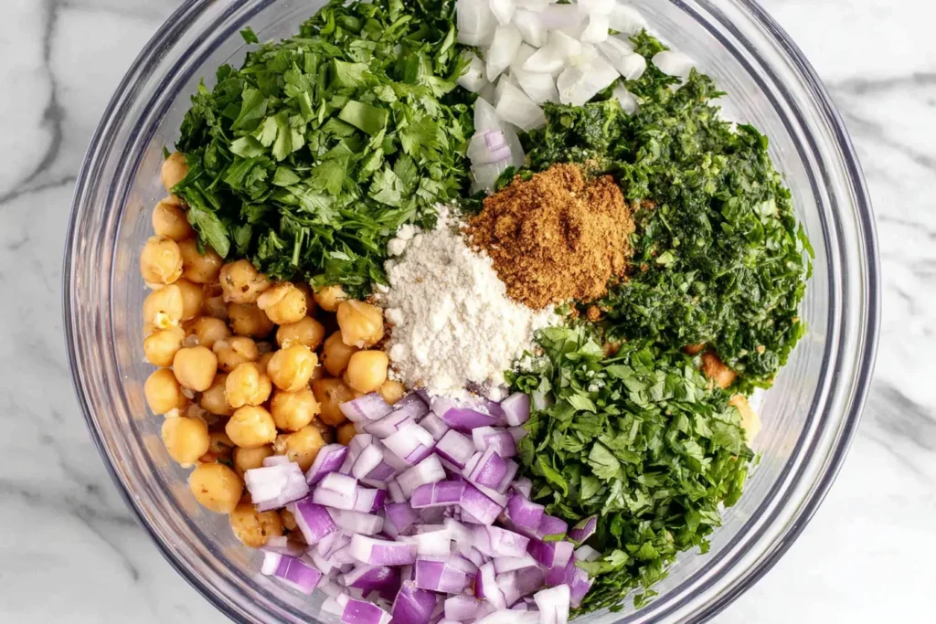Homemade Falafel ingredients with chickpeas, herbs, onion, and spices in a mixing bowl