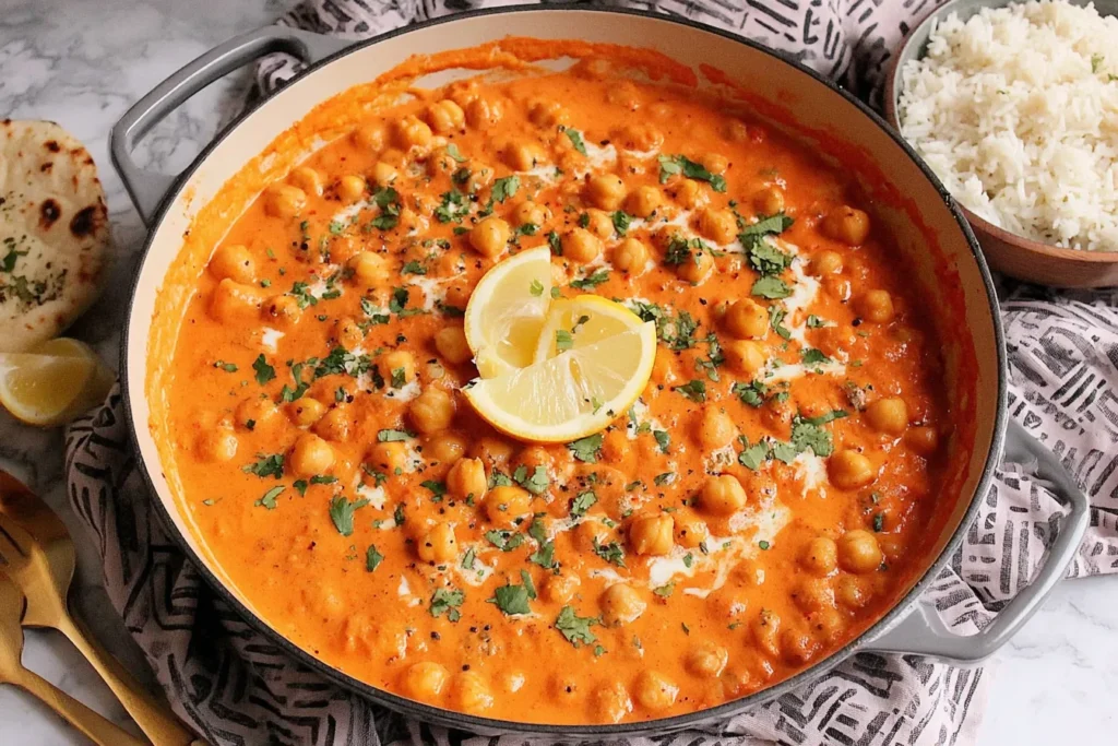 Indian Butter Chickpeas Recipe simmering in a skillet with creamy tomato sauce and fresh herbs