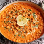Indian Butter Chickpeas Recipe simmering in a skillet with creamy tomato sauce and fresh herbs