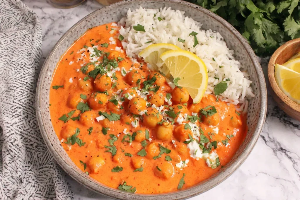 Indian Butter Chickpeas Recipe served with basmati rice and lemon slices in a bowl