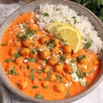 Indian Butter Chickpeas Recipe served with basmati rice and lemon slices in a bowl