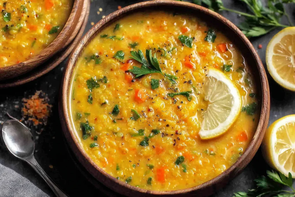 Creamy Lemon Lentil Soup served warm with lemon wedges and herbs