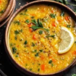Creamy Lemon Lentil Soup served warm with lemon wedges and herbs