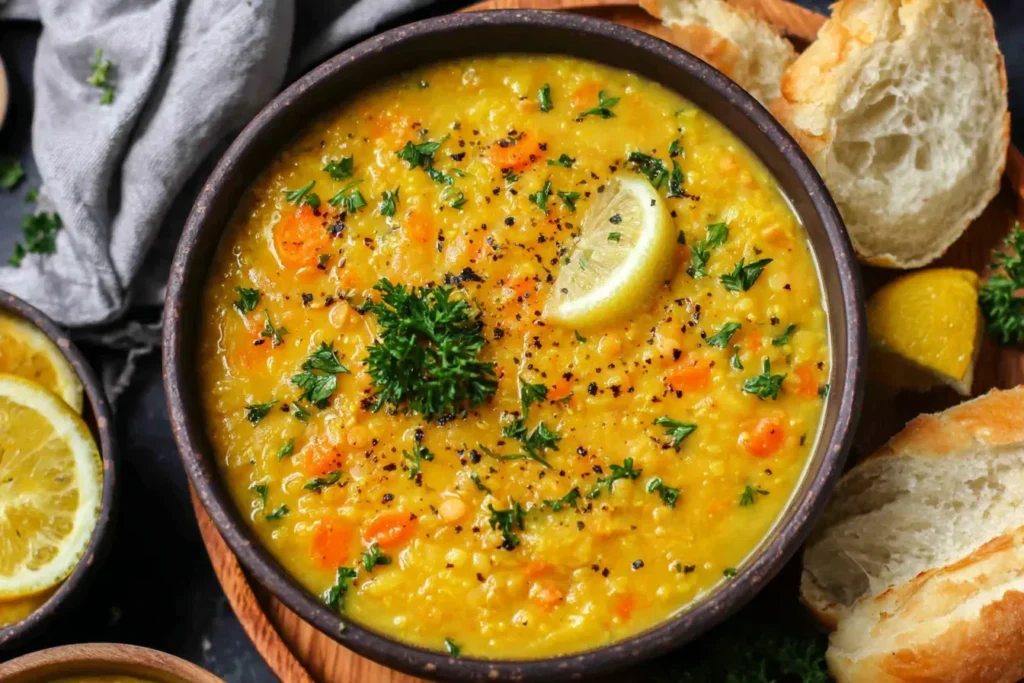 Lemon Lentil Soup garnished with fresh herbs and lemon slice in a rustic bowl