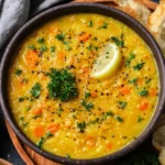 Lemon Lentil Soup garnished with fresh herbs and lemon slice in a rustic bowl