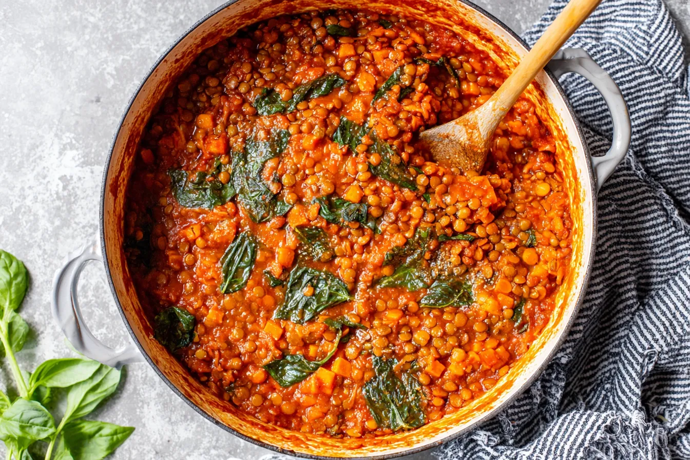 Lentil Lasagna filling simmering with lentils, vegetables, and tomato sauce in a pot