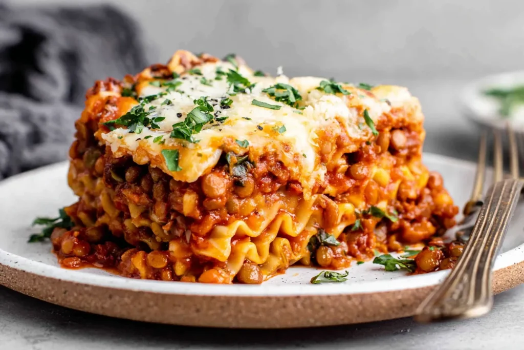 Lentil Lasagna slice layered with hearty lentils, tomato sauce, and creamy vegan cheese