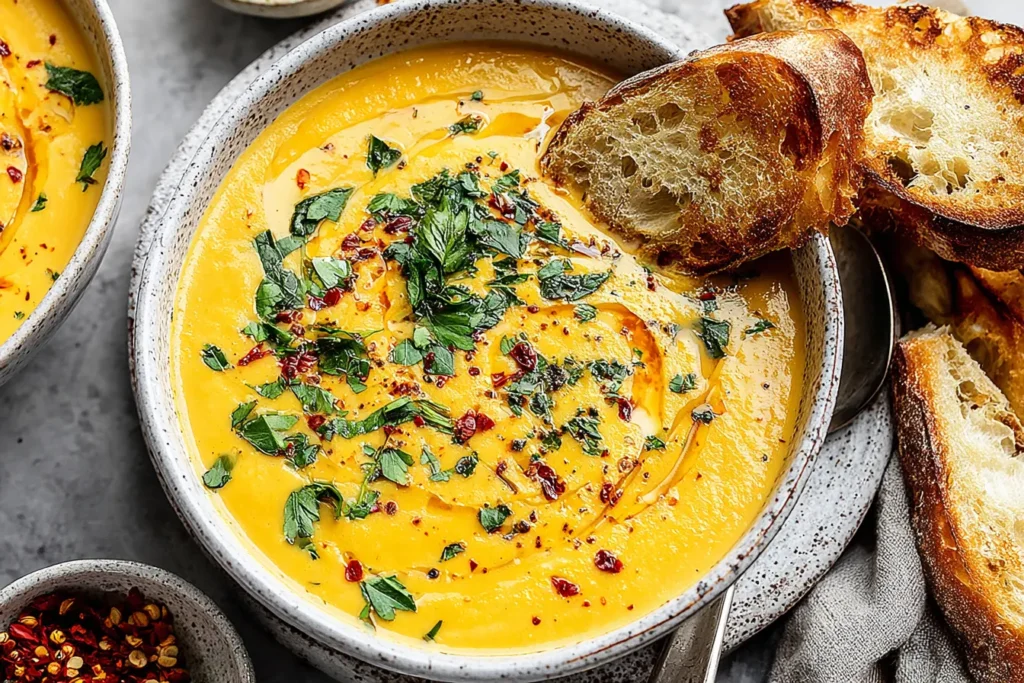 Golden Lentil Soup Recipe with herbs, olive oil, and crusty bread on the side