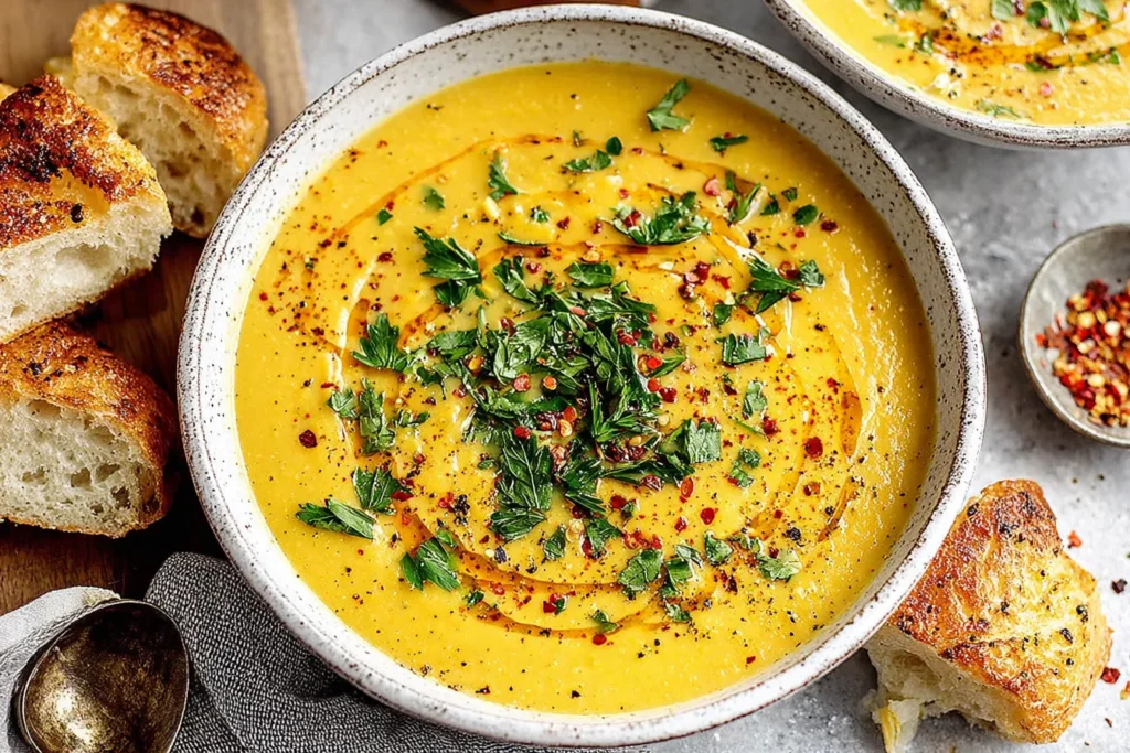 Creamy Lentil Soup Recipe topped with fresh herbs, chili flakes, and olive oil served with toasted bread