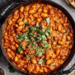 Loubia Recipe garnished with fresh herbs and served with warm flatbread