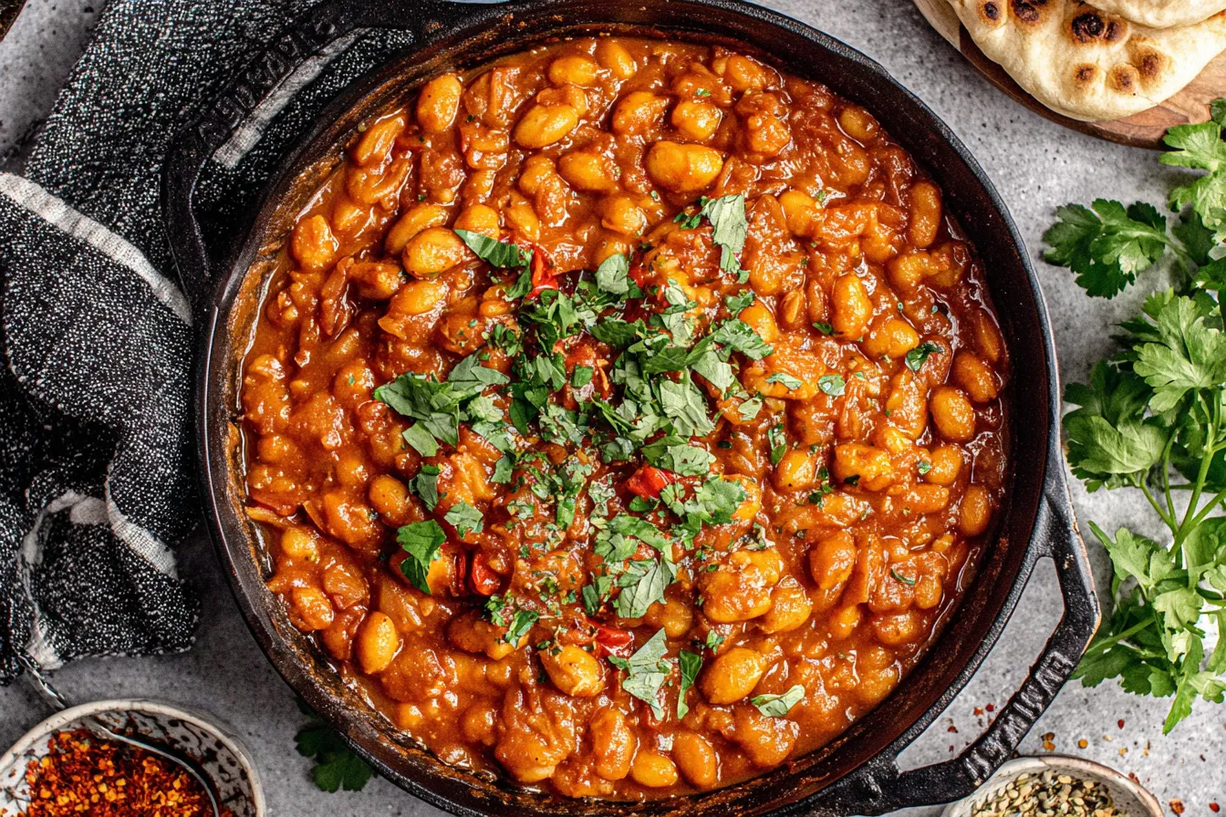 Loubia Recipe garnished with fresh herbs and served with warm flatbread