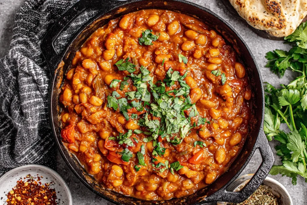Loubia Recipe served in a cast iron skillet with white beans in rich tomato sauce