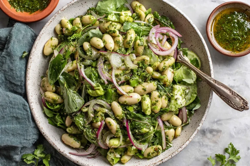 Marinated Cilantro Lime Bean Salad served in a bowl with leafy greens, white beans, red onion, and fresh cilantro lime dressing