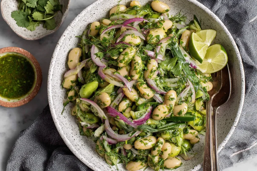 Marinated Cilantro Lime Bean Salad with creamy herby dressing, white beans, red onion, and fresh cilantro in a ceramic bowl