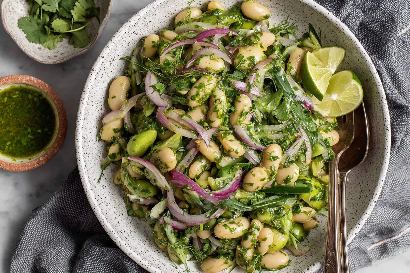 Marinated Cilantro Lime Bean Salad with creamy herby dressing, white beans, red onion, and fresh cilantro in a ceramic bowl