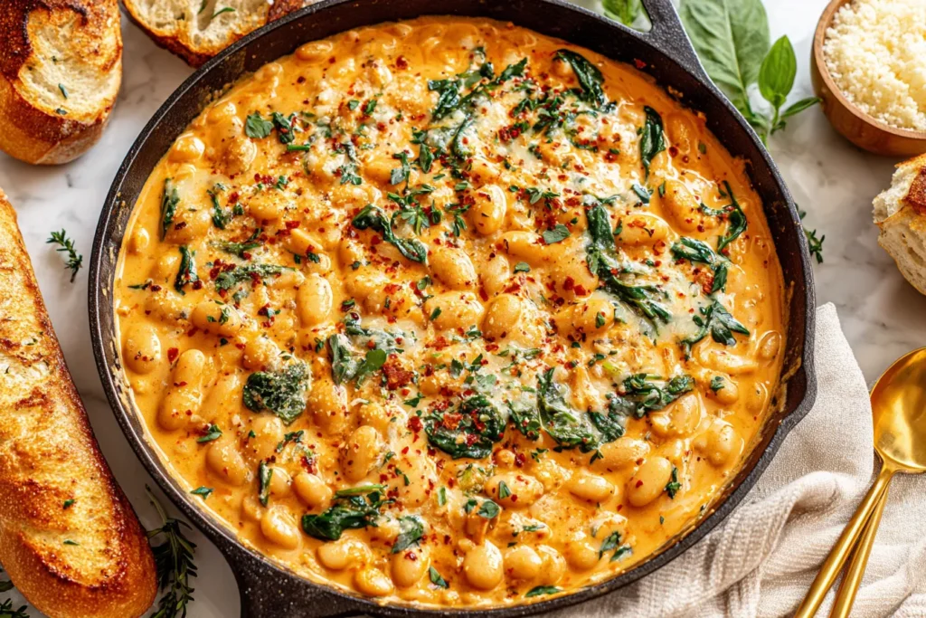Marry Me White Beans cooking in a skillet with spinach, creamy sauce, and toasted bread on the side