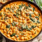 Marry Me White Beans cooking in a skillet with spinach, creamy sauce, and toasted bread on the side