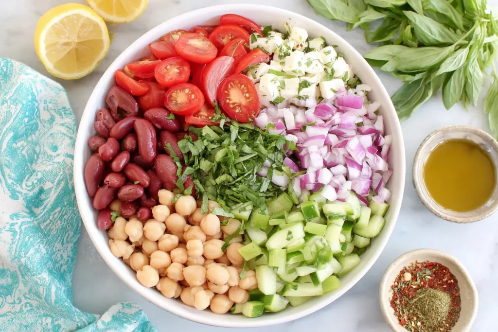 Mediterranean Bean Salad Recipe ingredients arranged in a bowl with chickpeas, kidney beans, cucumbers, tomatoes, herbs, and olive oil