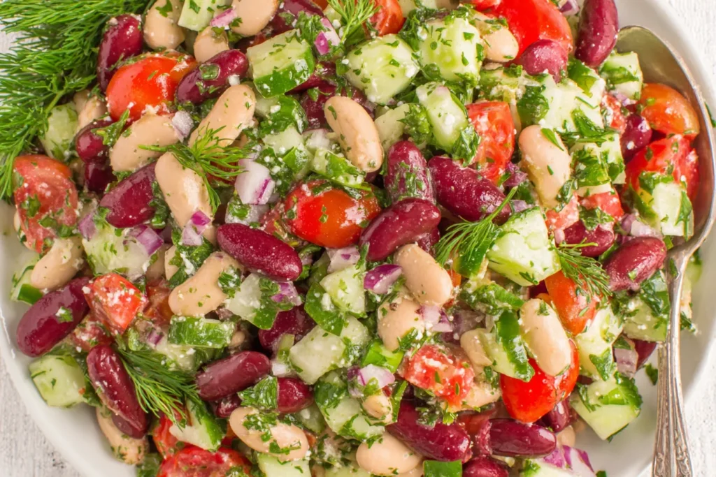 Mediterranean Bean Salad Recipe with kidney beans, white beans, cucumber, tomatoes, and fresh herbs tossed in a lemon olive oil dressing