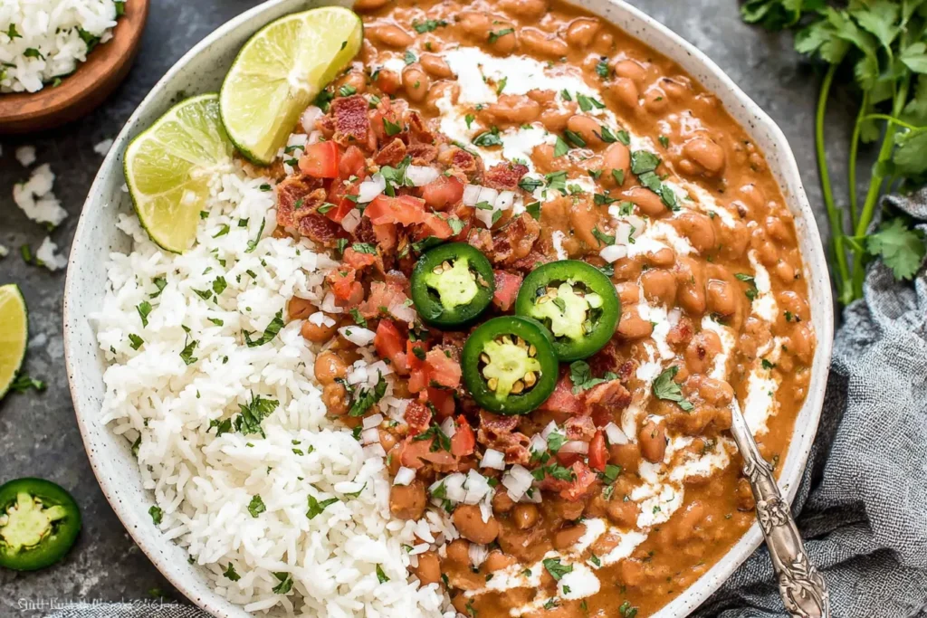 Pinto Beans Recipe served with white rice, jalapeños, and fresh toppings in a bowl