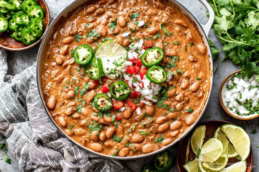 Creamy Pinto Beans Recipe topped with jalapeños, fresh cilantro, and lime in a skillet