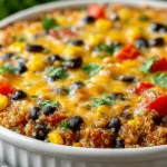 Quinoa and Black Bean Casserole Recipe baked until bubbly with black beans, corn, tomatoes, and golden melted cheese