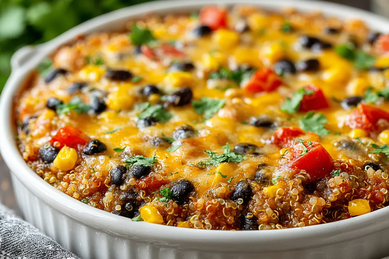 Quinoa and Black Bean Casserole Recipe baked until bubbly with black beans, corn, tomatoes, and golden melted cheese