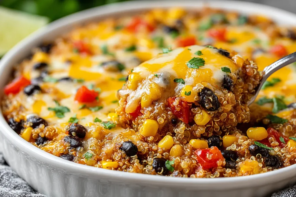 Quinoa and Black Bean Casserole Recipe served warm with melted cheese, corn, and black beans in a baking dish