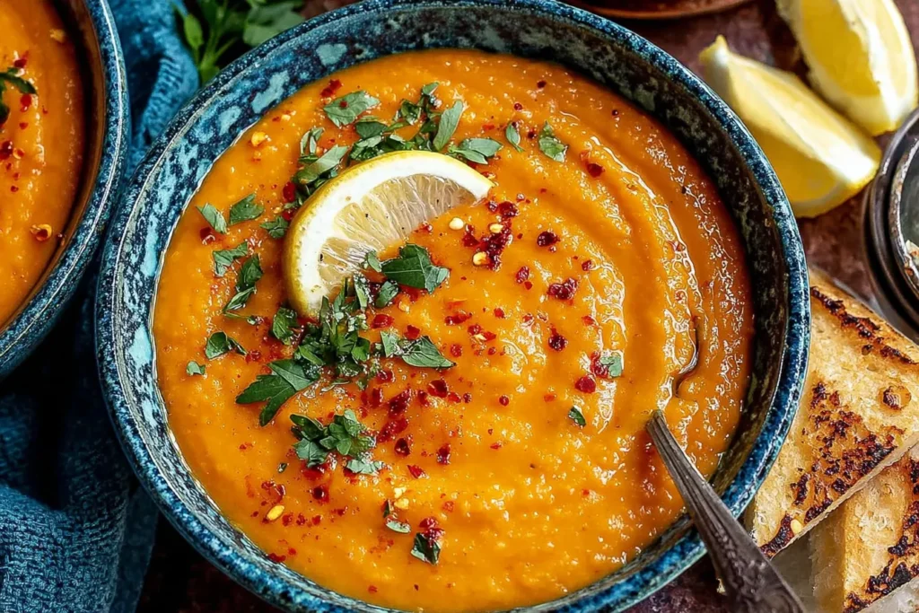 Red Lentil Turkish Soup served in a rustic bowl with lemon and crusty bread