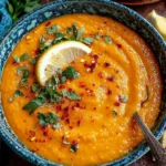 Red Lentil Turkish Soup served in a rustic bowl with lemon and crusty bread