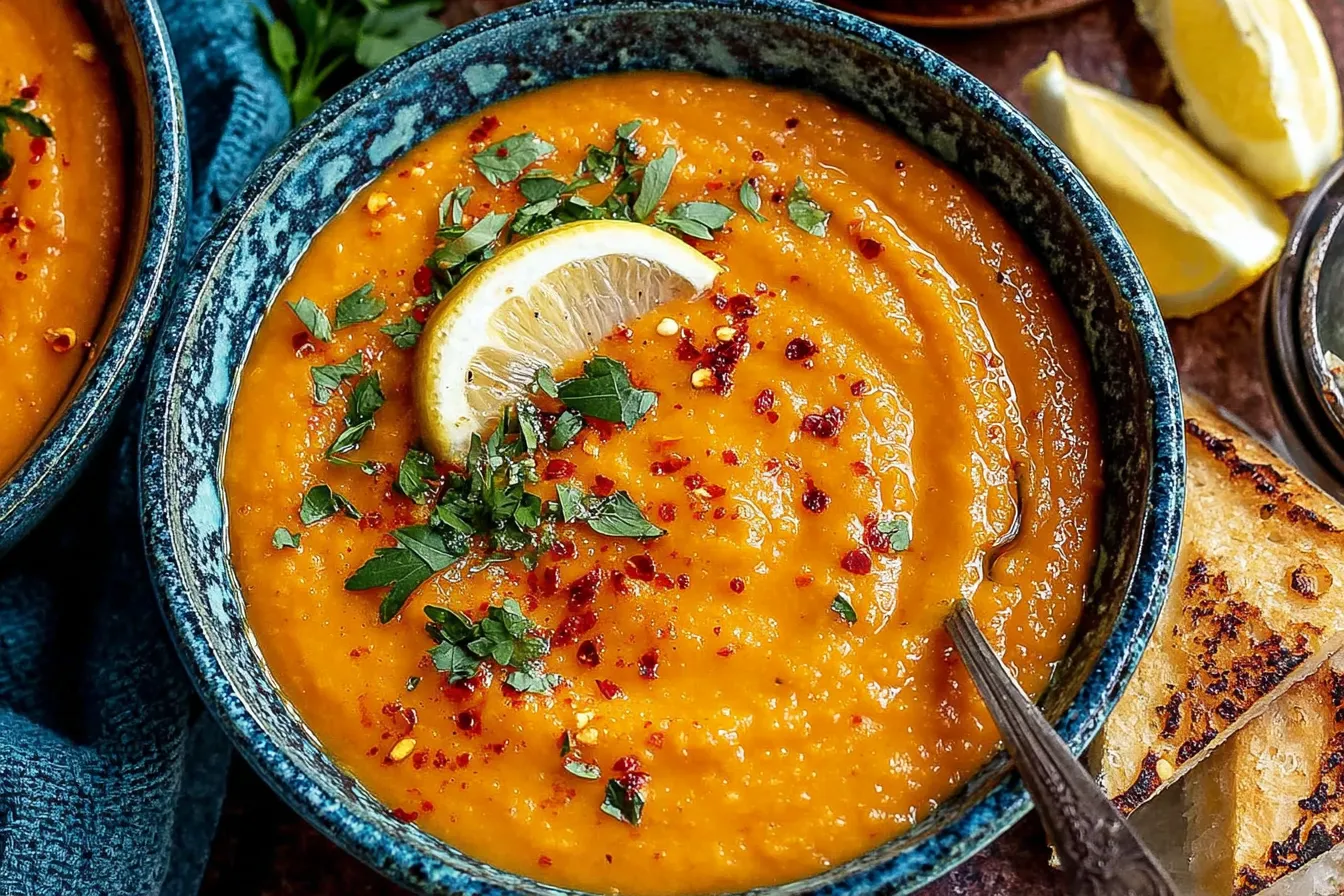 Red Lentil Turkish Soup served in a rustic bowl with lemon and crusty bread