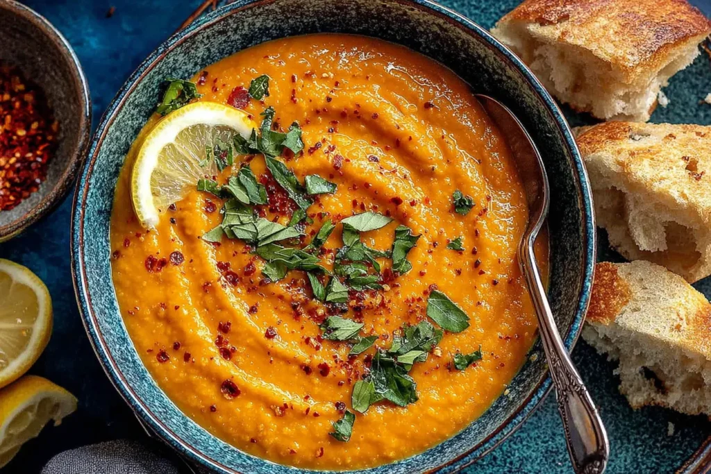 Red Lentil Turkish Soup topped with lemon slice, parsley, and chili flakes