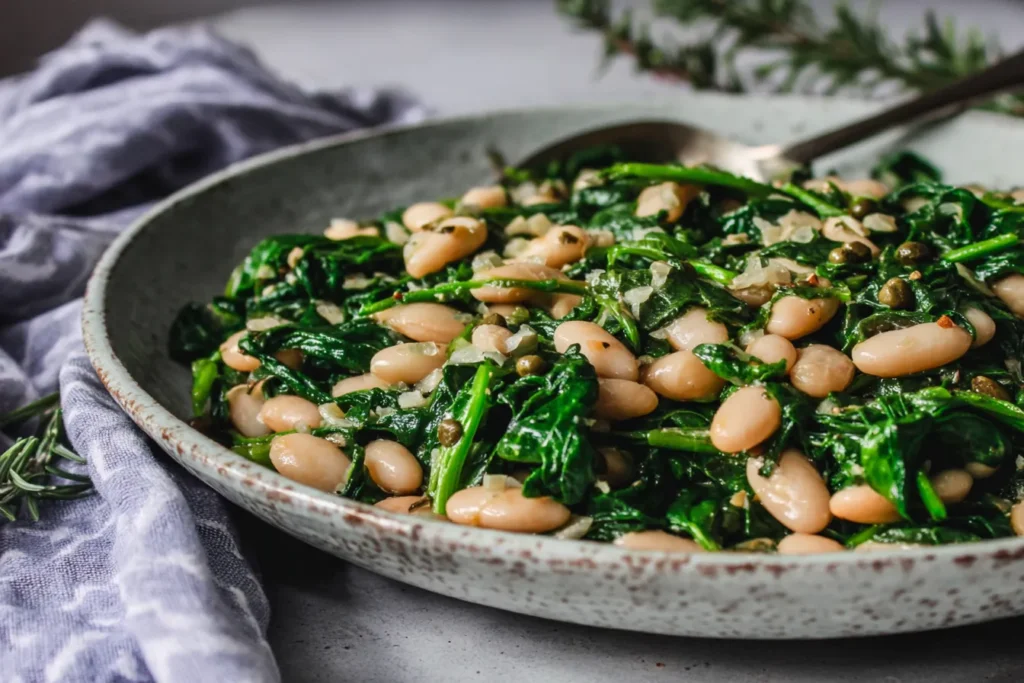 Sautéed Garlic Spinach and White Beans with lemon, capers, and fresh herbs in a rustic skillet