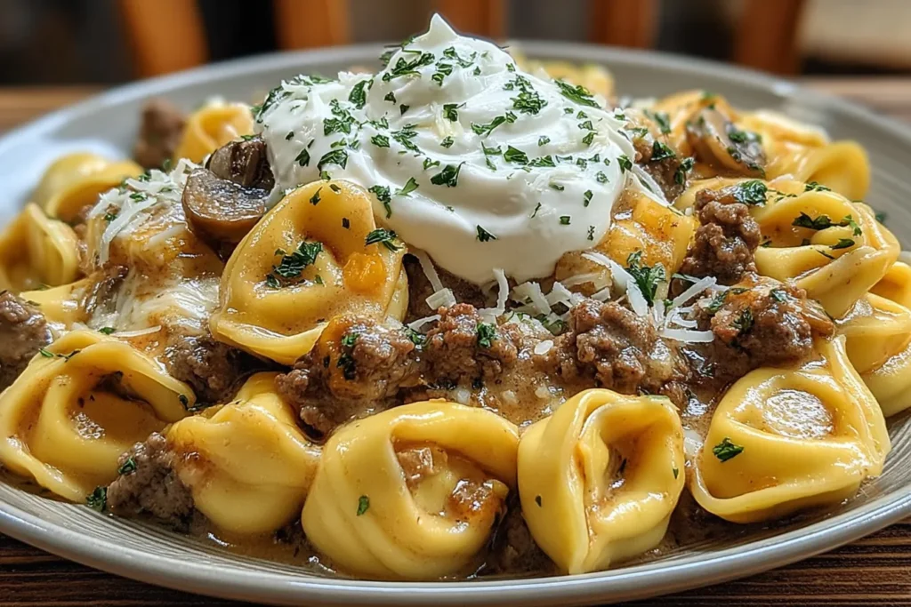 Beef Stroganoff Tortellini served with mushrooms and a dollop of sour cream