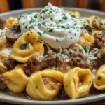 Beef Stroganoff Tortellini served with mushrooms and a dollop of sour cream