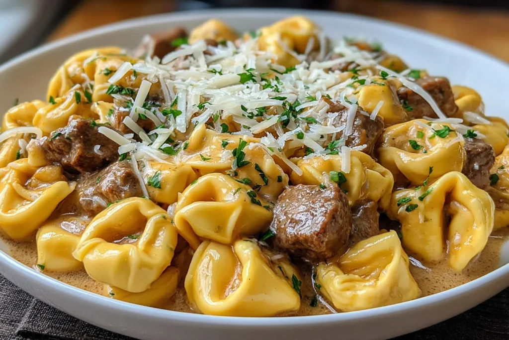 Beef Stroganoff Tortellini in a creamy skillet sauce topped with parsley and shaved cheese