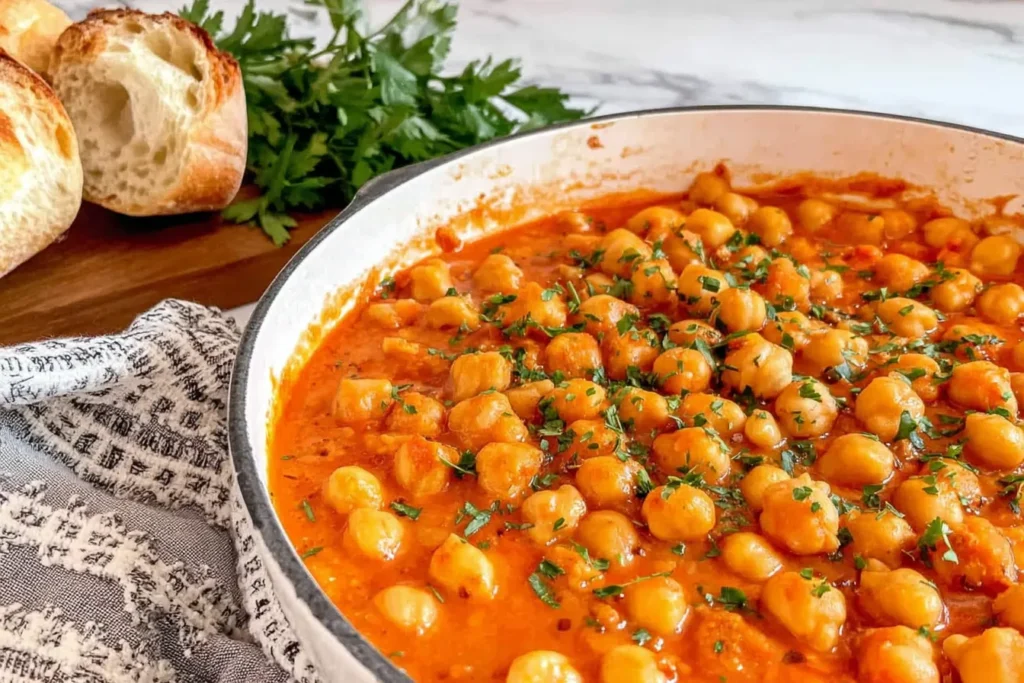 Spanish Garbanzos a la Navarra BEST Chickpea Recipe cooked in a pan with smoky paprika sauce and fresh parsley