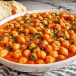 Spanish Garbanzos a la Navarra BEST Chickpea Recipe baked-style in a shallow dish with creamy paprika sauce