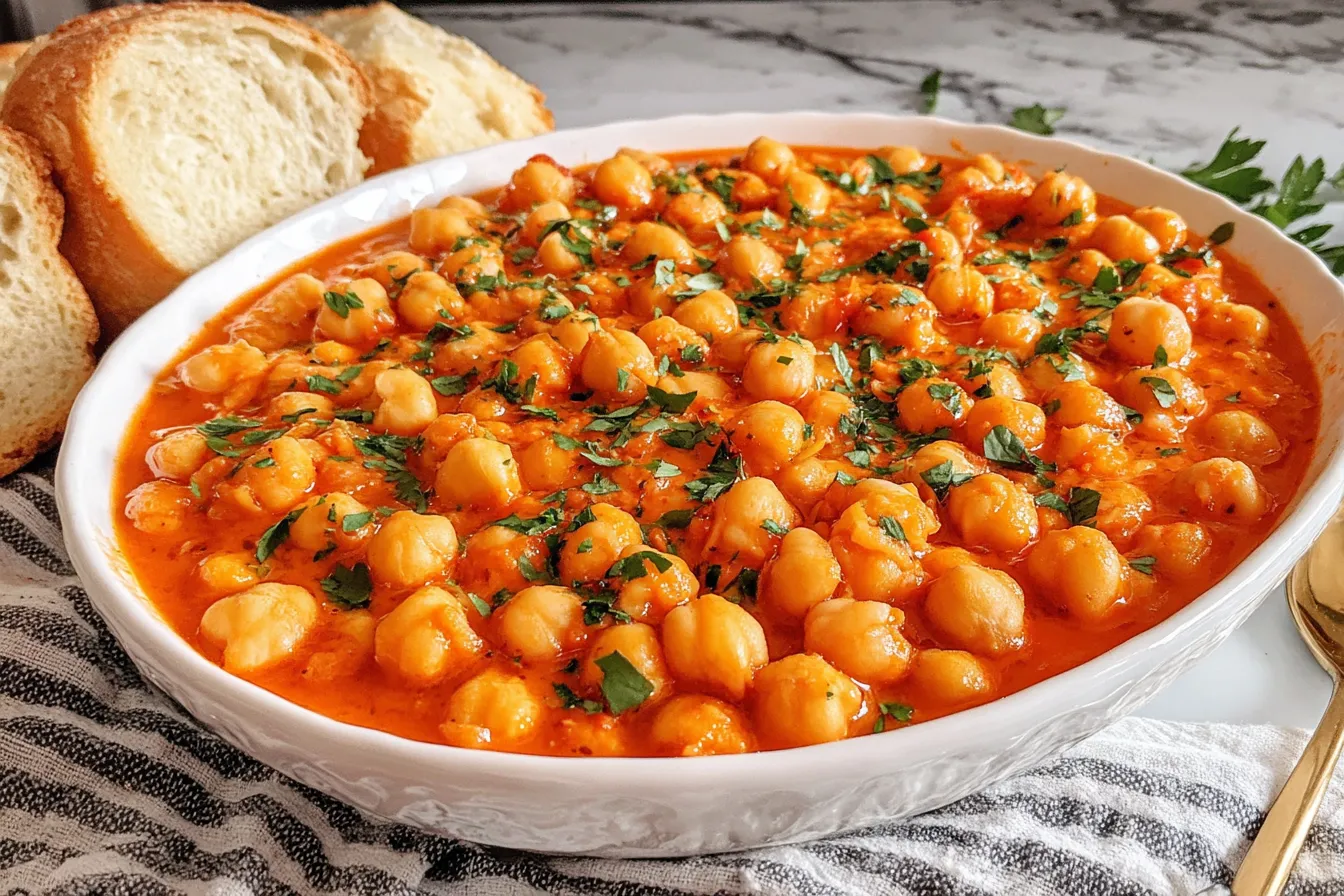 Spanish Garbanzos a la Navarra BEST Chickpea Recipe baked-style in a shallow dish with creamy paprika sauce
