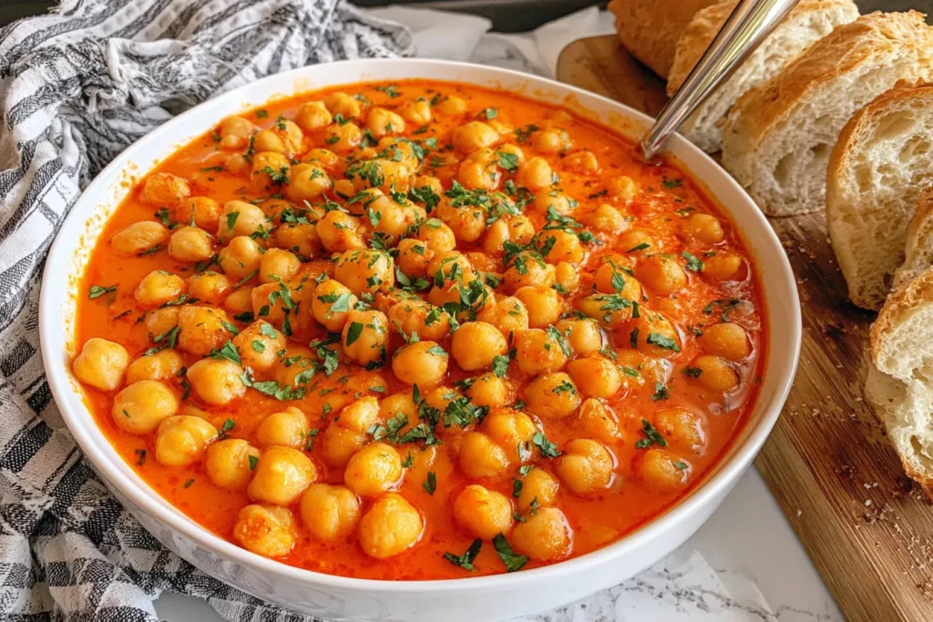 Spanish Garbanzos a la Navarra BEST Chickpea Recipe served in a white bowl with smoky tomato sauce and fresh parsley